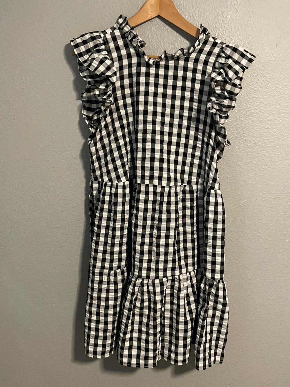 Mud Pie Dress Womens Medium Black Gingham Ruffle Tiered Trapeze Swing Boho Mini